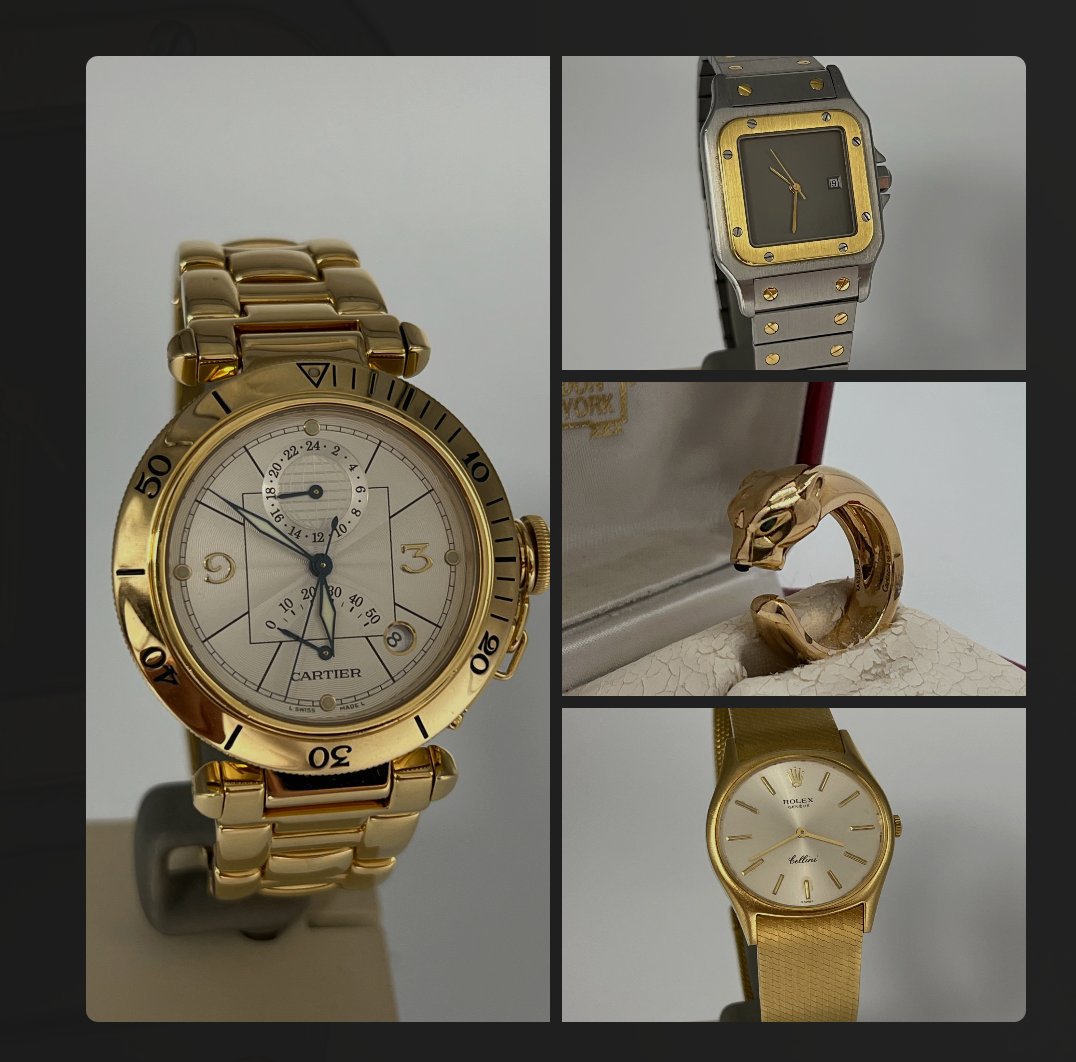 Luxury watch auction lots — Cartier Pasha, Santos, Panthère ring and Rolex Cellini